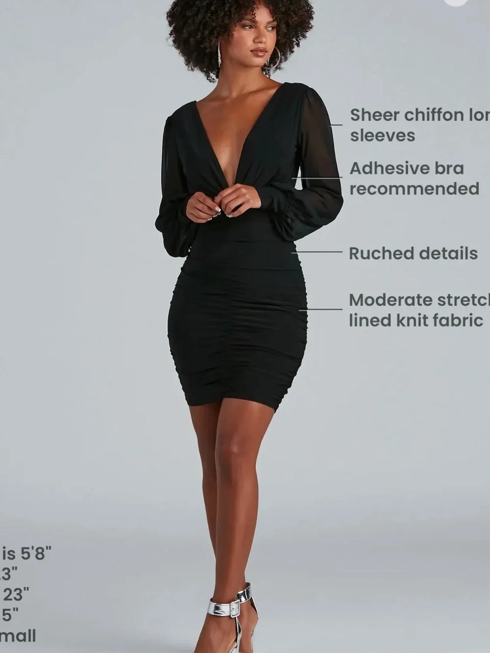 Windsor Black V-Neck Ruched Long Sleeve Mini Dress